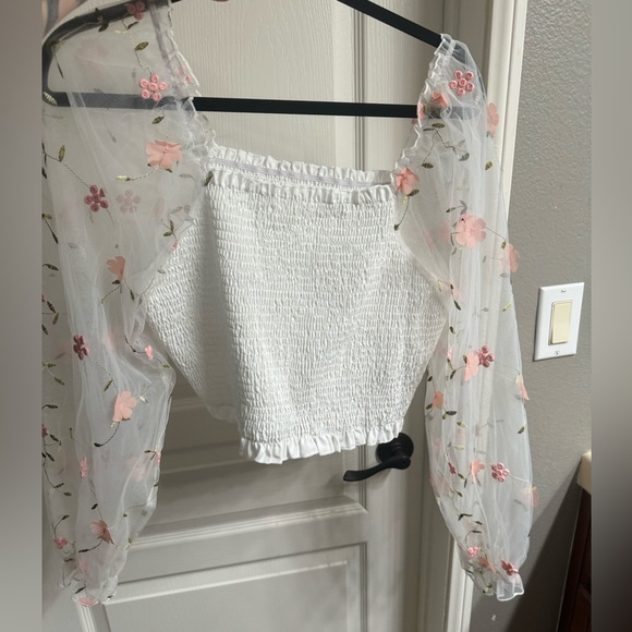 Tops - white floral shirred off the shoulder top mesh sleeves